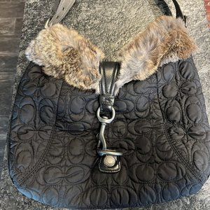 Coach Black Fur Trimmed Quilted Hobo Bag